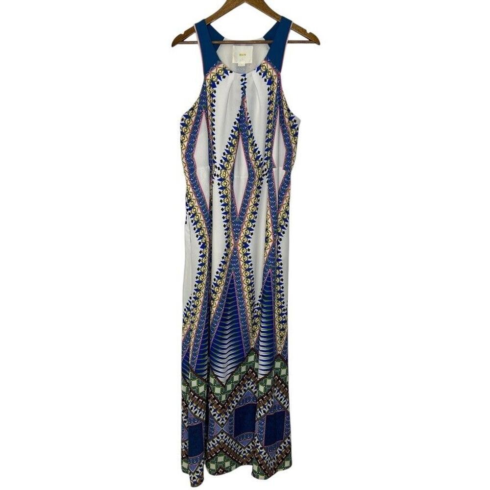 Anthropologie Navy Blue Green White Sleeveless Patterned Midi Dress